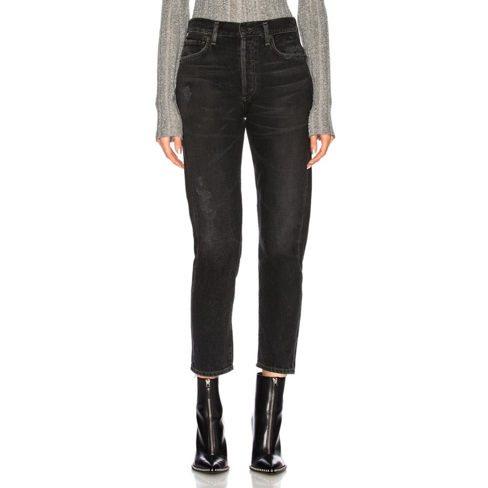 Citizens of Humanity Liya Distressed Straight Leg Black Denim Jeans Dark Tempest